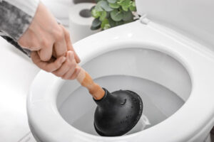 Homeowner plunging toilet